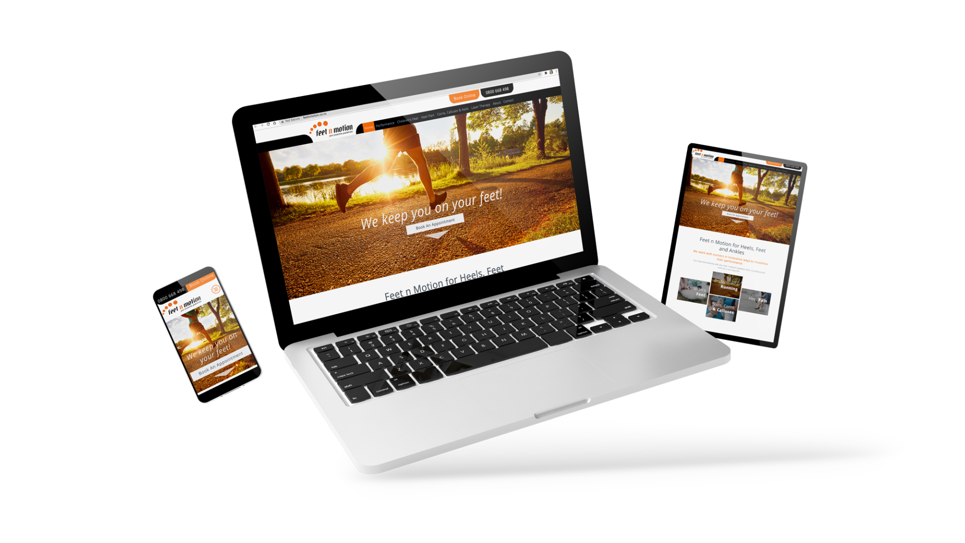 Historical Feet n Motion website mockup showing appointment booking